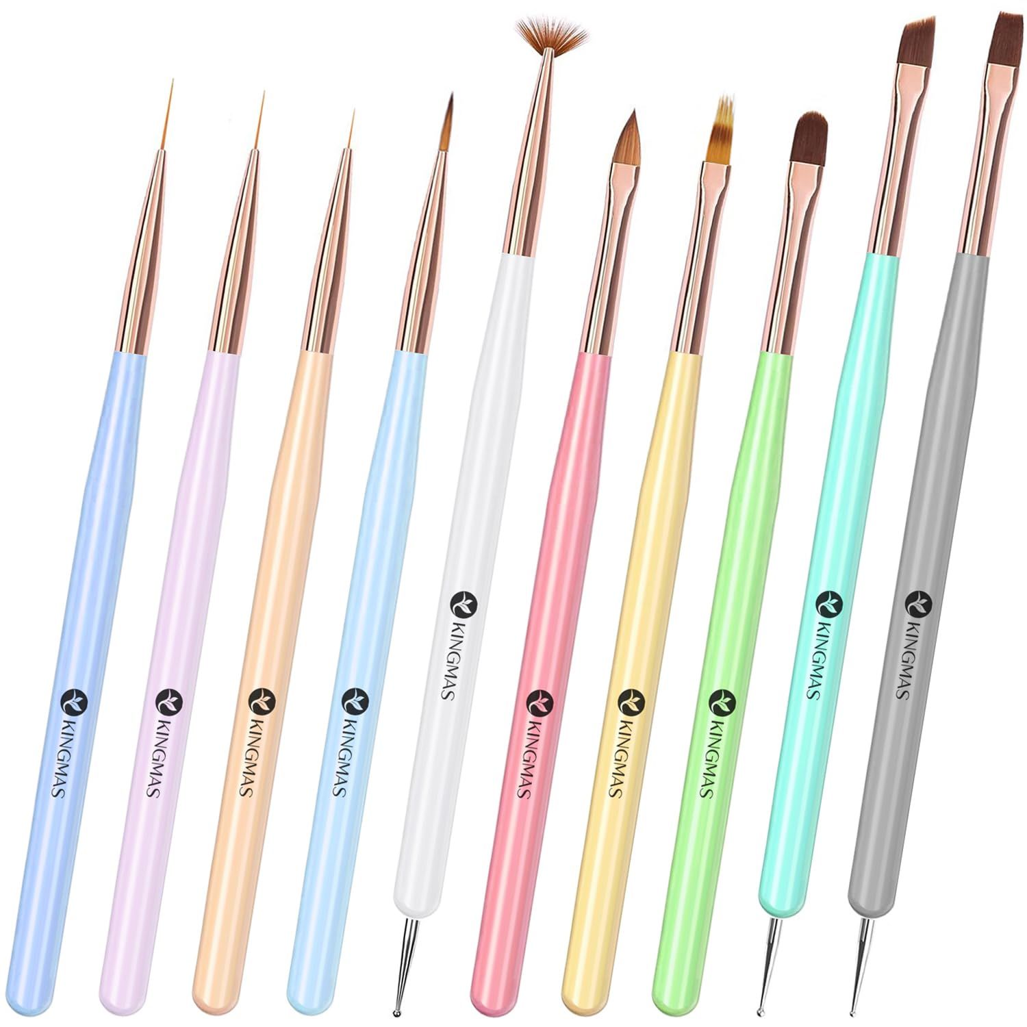 KINGMAS Nail Art Brushes, 10Pcs Nail Gel Polish Painting Brush Drawing Pen, Nail Liner Brush and Nail Dotting Pen Nail Dust Cleaning Brush