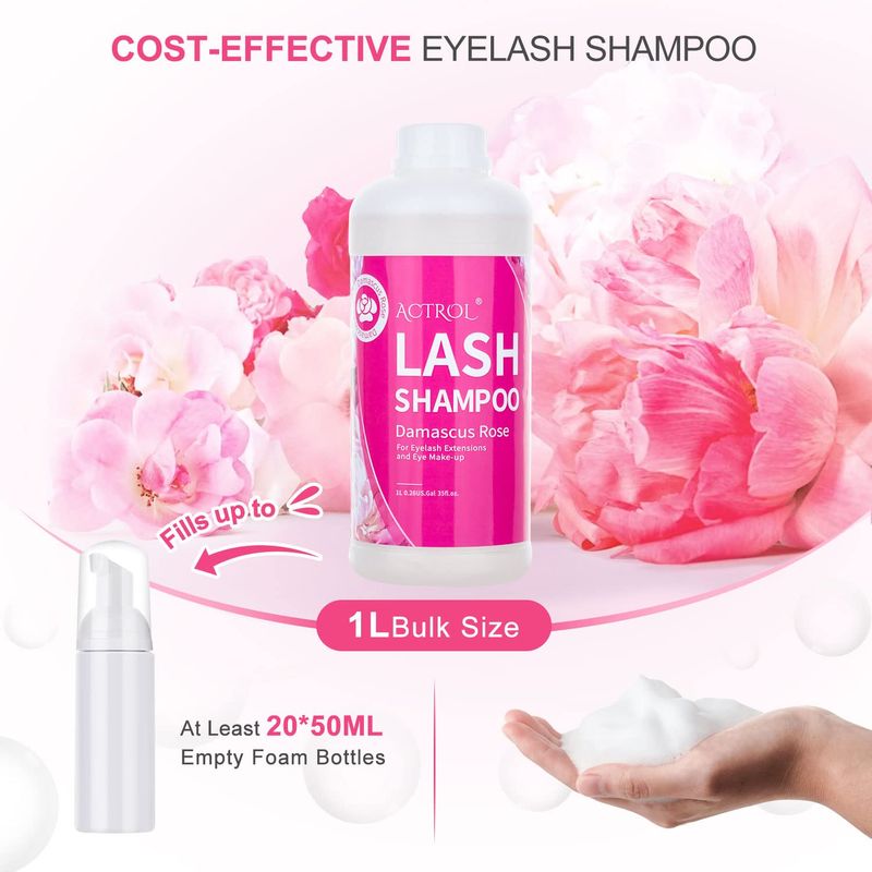 ACTROL Eyelash Extension Cleanser Rose 1L Natural Lash Extension Shampoo Professional Eyelid Foaming Cleanser Paraben &amp; Sulfate Free Non-lrritating with Salon and Home Care