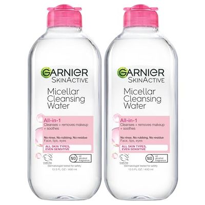 Garnier Micellar Water, Hydrating Facial Cleanser &amp; Makeup Remover, Suitable for Sensitive Skin, Vegan, Cruelty Free, 13.5 Fl Oz (400mL), 2 Count
