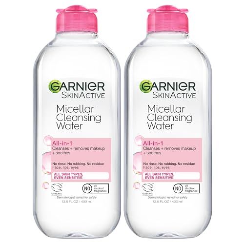 Garnier Micellar Water, Hydrating Facial Cleanser &amp; Makeup Remover, Suitable for Sensitive Skin, Vegan, Cruelty Free, 13.5 Fl Oz (400mL), 2 Count