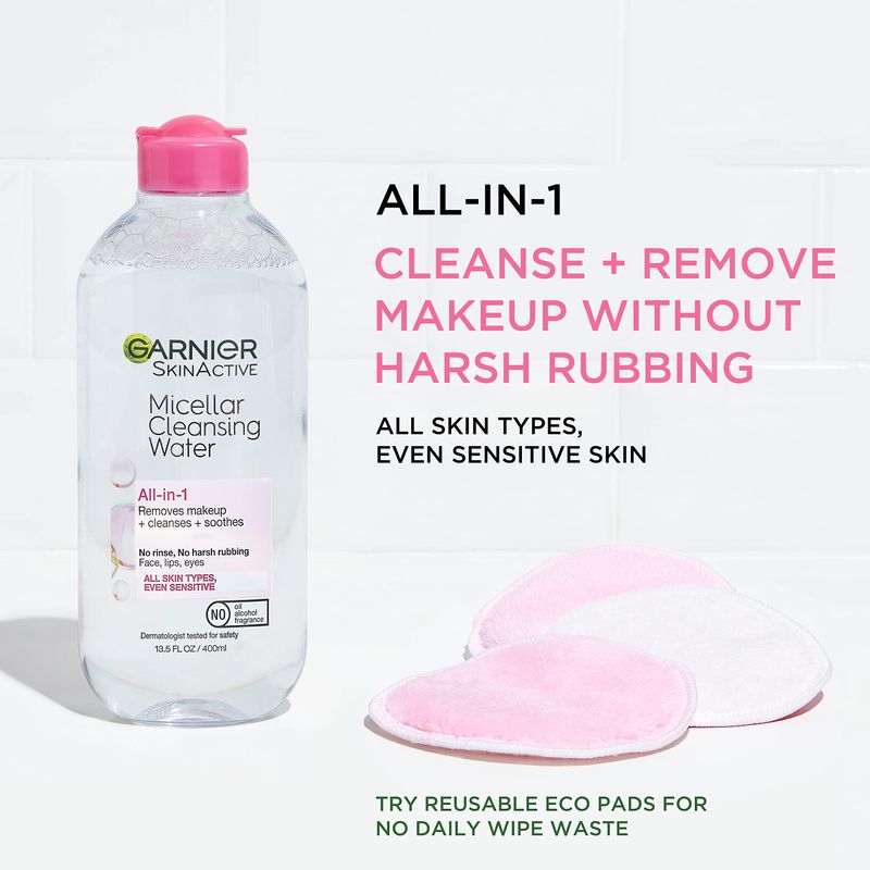 Garnier Micellar Water, Hydrating Facial Cleanser &amp; Makeup Remover, Suitable for Sensitive Skin, Vegan, Cruelty Free, 13.5 Fl Oz (400mL), 2 Count