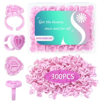 Lash Glue Rings 300pcs Glue Rings for Eyelash Extensions Disposable Lash Glue Holder Heart Shaped Lash Rings for Eyelash Extension Supplies with Storage Box