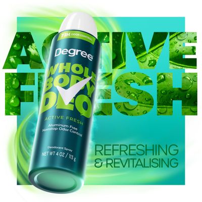 Degree Men Whole Body Deodorant Active Fresh Spray for Men Aluminum Free 72H Odor Protection, 4 oz