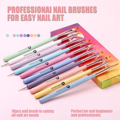 KINGMAS Nail Art Brushes, 10Pcs Nail Gel Polish Painting Brush Drawing Pen, Nail Liner Brush and Nail Dotting Pen Nail Dust Cleaning Brush