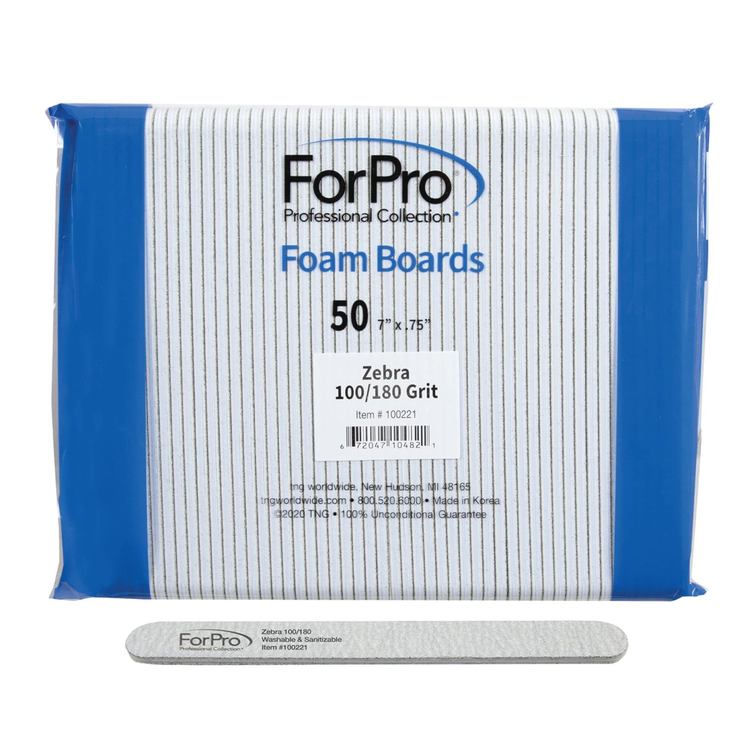 ForPro Professional Collection Zebra Foam Board, 100180 Grit, Double-Sided Manicure Nail File, 7&quot; L x .75&quot; W 50-Count