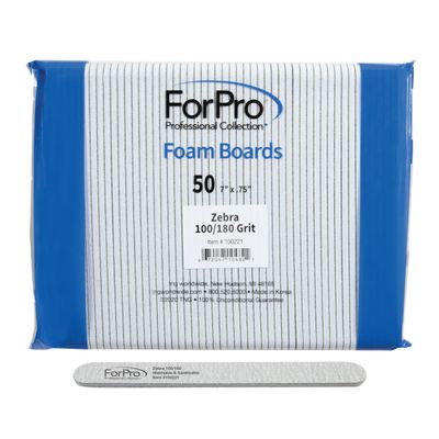 ForPro Professional Collection Zebra Foam Board, 100180 Grit, Double-Sided Manicure Nail File, 7&quot; L x .75&quot; W 50-Count