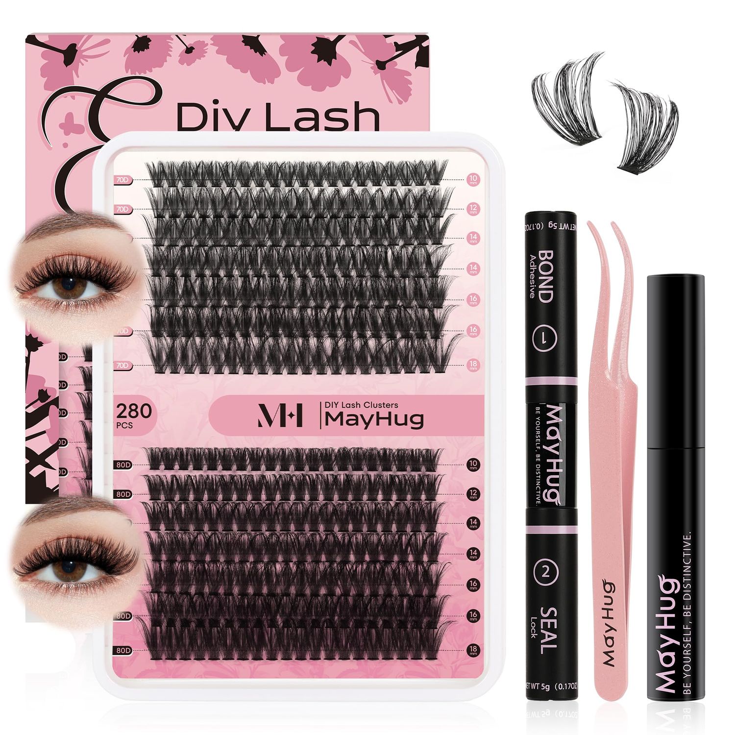 Mayhug Lash Clusters Kit - Individual Lashes Clusters, Fluffy Eyelash Extension 70D 80D Eyelash Clusters10-18mm DIY Lash Extensions Kit with Waterproof Lash Bond and Seal and Lash Tweezers