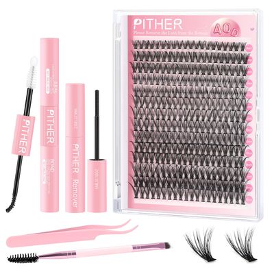 Lash Extension Kit, PITHER 280 PCS 40D Lash Clusters DIY Eyelash Extension Kit with Lash Bond and Seal Waterproof, Lash Remover for Lash Extensions Individual Lashes Kit Beginners 9-16mm