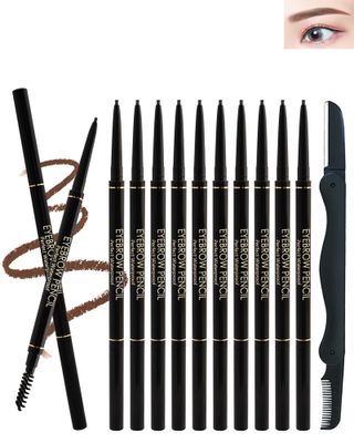 12Pcs Waterproof Light Brown Eyebrow Pencil Set, Professional Brow Micro Eyebrow Retractable Pencil, Ultra Fine Long Lasting for Perfect Eye Liner Brows Eye Makeup Shaping &amp; Filling Brow Gel Pen- 02