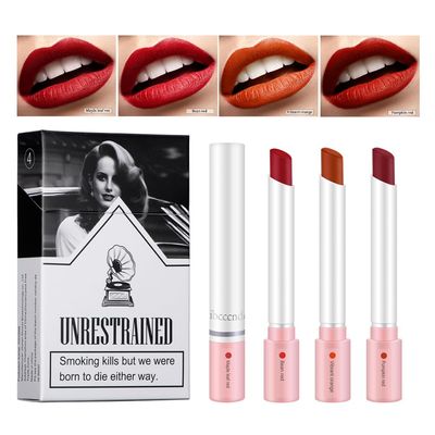 VSTYLE 4 Pcs Matte Lipstick Cigarette Case Style Non-stick Red Velvet Cup Easy to Color Set of Lip Gloss Tube Cigarette Lip Stain Long Lasting Waterproof Elegant Woman Nude Charm Lip Tint for Lady