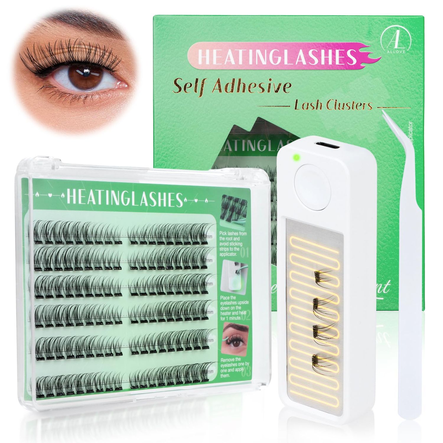 ALLOVE Heatinglashes Self Adhesive Eyelashes DIY Lash Clusters Kit Heated Pre-Glued Cat Eye Lash Clusters Press on Manga Lash Kit with Heater and Applicator Cluster Eyelash Extensions No Glue Needed