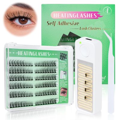 ALLOVE Heatinglashes Self Adhesive Eyelashes DIY Lash Clusters Kit Heated Pre-Glued Cat Eye Lash Clusters Press on Manga Lash Kit with Heater and Applicator Cluster Eyelash Extensions No Glue Needed
