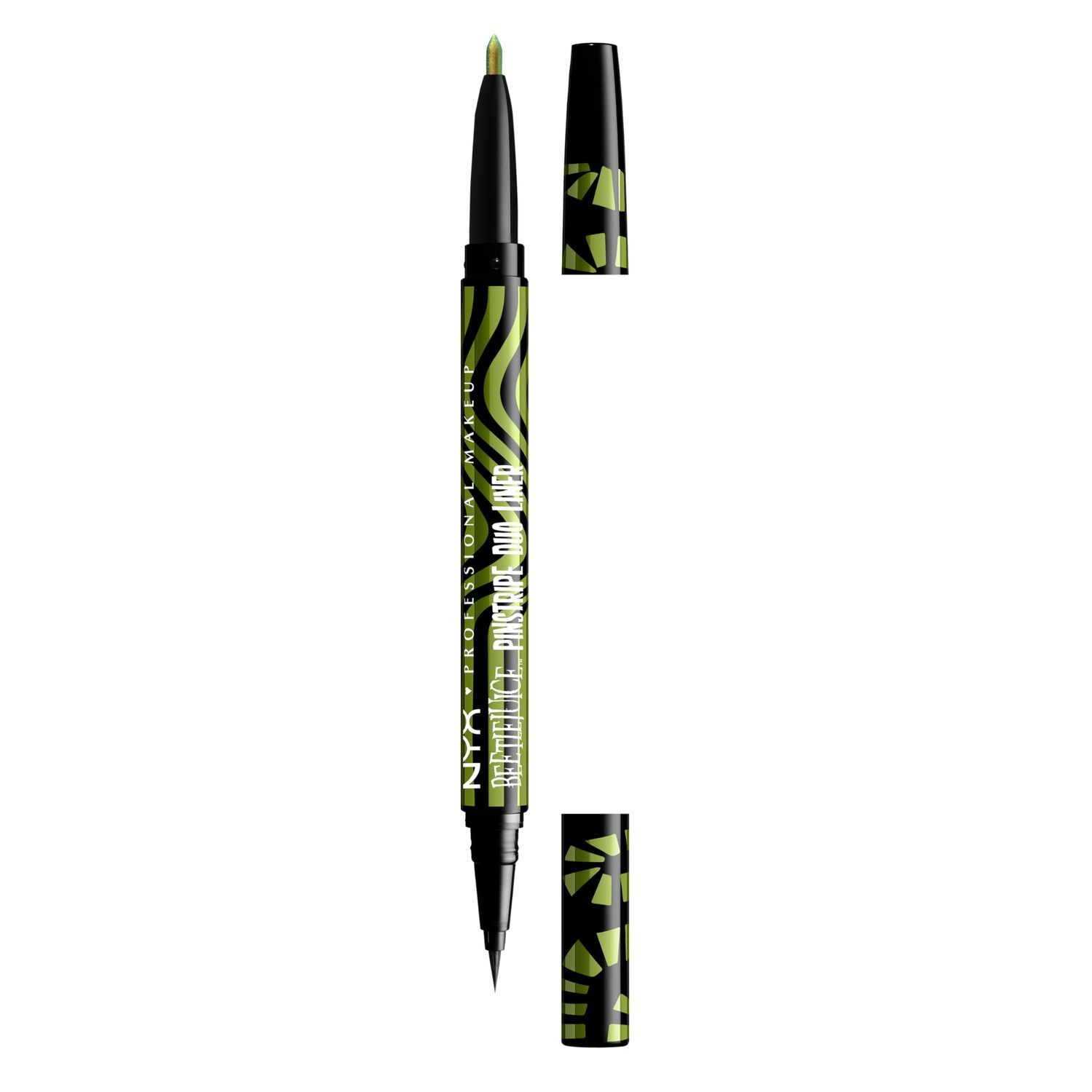 NYX PROFESSIONAL MAKEUP BEETLEJUICE Pinstripe Duo Eye Liner, Dual-Ended Black Liquid Eyeliner  Green Chrome Eyeliner