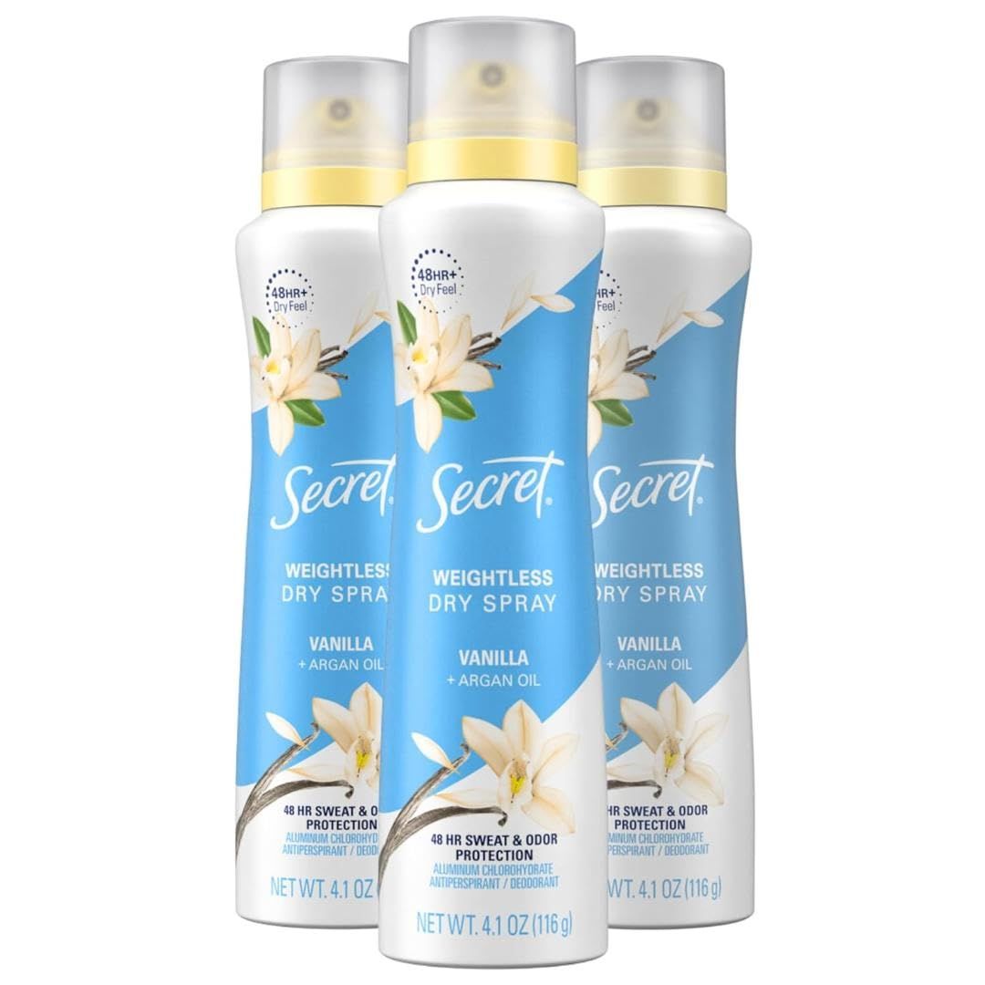 Secret Dry Spray Antiperspirant Deodorant for Women, 48hr Weightless Sweat &amp; Odor Protection, Gentle on Skin, Vanilla &amp; Argan Oil Scent, 4.1 oz (Pack of 3)