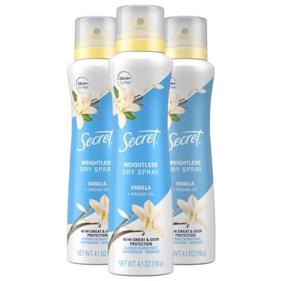 Secret Dry Spray Antiperspirant Deodorant for Women, 48hr Weightless Sweat &amp; Odor Protection, Gentle on Skin, Vanilla &amp; Argan Oil Scent, 4.1 oz (Pack of 3)