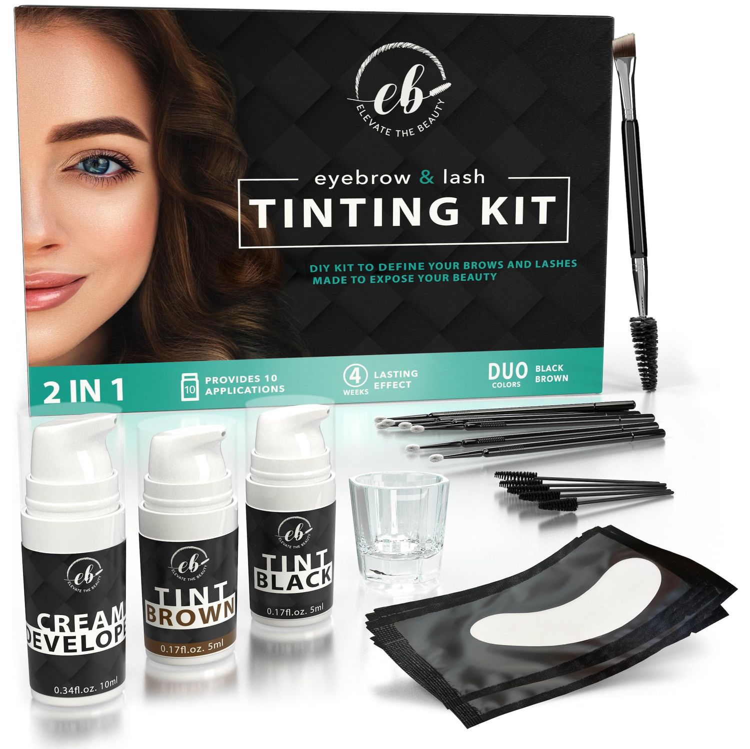 Elevate the Beauty Eyebrow and Lash Kit | Brown and Black | Instant Color for Eyebrows and Lashes | 10 Applications | Perfect With Brow Lamination Kit | Vegan 2 in 1 Kit