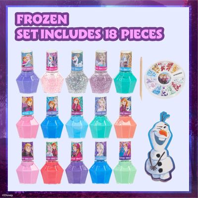 Townley Girl Disney Frozen Non-Toxic Peel-Off Nail Polish Set with Shimmery and Opaque Colors with Nail Gems for Girls Ages 3, Perfect for Parties, Sleepovers and Makeovers, 18 Pc Set