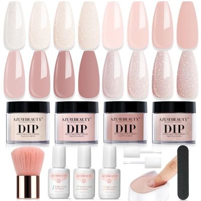 AZUREBEAUTY Dip Powder Nail Kit Starter, All Season Nude Skin Glitter 4 Colors Dipping Powder Liquid Set Recycling Tray with Base &amp; Top Coat Activator for French Nail Art Manicure Salon DIY at Home.