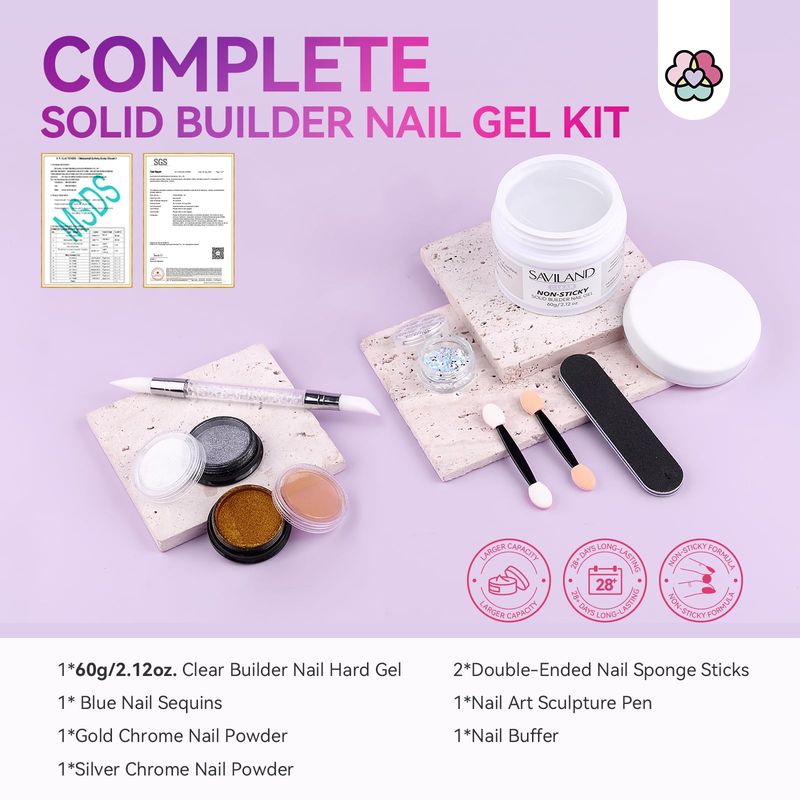 SAVILAND Solid Builder Nail Gel - 60g Large Capacity 3D Nail Gel Sculpting Gel for Nail Art Non-Sticky Hand Hard Gel Carving Gel Nail Glue Extension Gel with Sequins Chrome Nail Powder DIY Salon Home