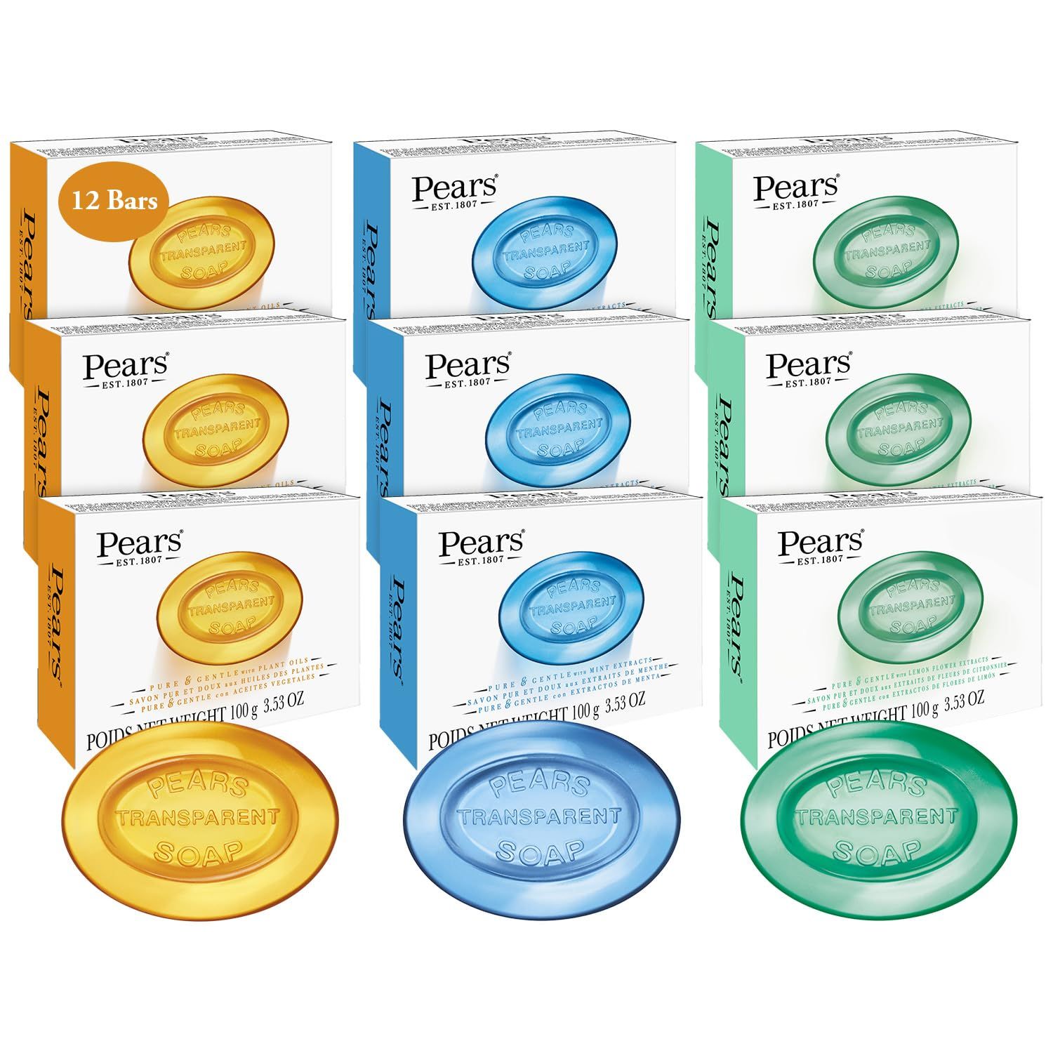 Pears Soap, Face &amp; Body Soap, Variety 12-Pack - Pure &amp; Gentle Transparent Bar Soap Bundle, Moisturizing Glycerin Soap for Glowing Skin, Amber, Blue, and Green Soap Bars, 3.53 Oz Ea