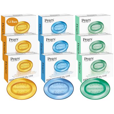 Pears Soap, Face &amp; Body Soap, Variety 12-Pack - Pure &amp; Gentle Transparent Bar Soap Bundle, Moisturizing Glycerin Soap for Glowing Skin, Amber, Blue, and Green Soap Bars, 3.53 Oz Ea