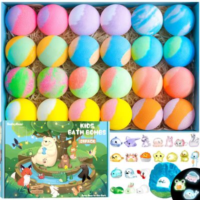 SudsyRoar Bath Bombs for Kids with Surprise Inside, 24 Pack Handmade Kids Bath Bombs with Some Glow-in-The-Dark Land &amp; Sea Toys, Fizzy Bath Salt Balls Gift Set for Birthdays, Halloween, and Christmas