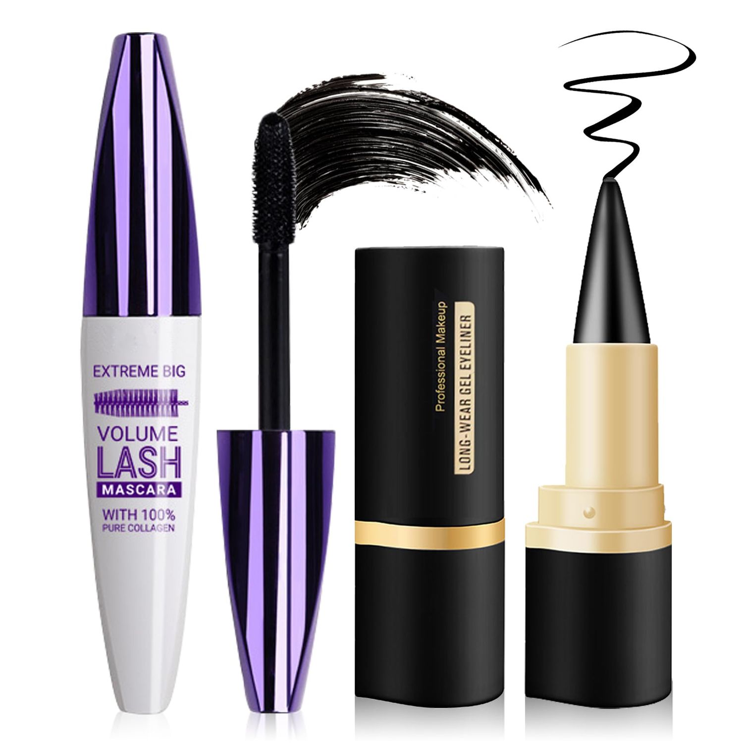 LZXLUKGIR Black Gel Eyeliner Pencil and Mascara Tubing,Natural Black Eyeliner Cream Waterproof Smokey Eyeshadow Stick for Goth Makeup,Quick Dry Delineador de Ojos Contra el Agua - Set A