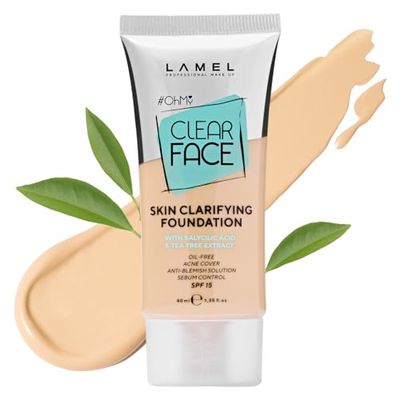 LAMEL OhMy Clear Face Full Coverage Foundation - Acne Coverage - Salicylic Acid &amp; Tea Tree Extract - Dewy &amp; Flawless Finish - Sensitive Skin Care - Organic &amp; Oil-Free - 401, 1.35 fl.oz