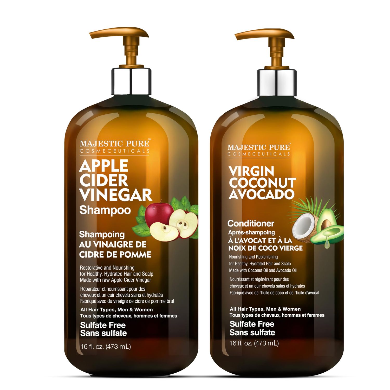 MAJESTIC PURE Apple Cider Vinegar Shampoo and Avocado Coconut Conditioner Set - Restores Shine &amp; Reduces Itchy Scalp, Dandruff &amp; Frizz - Sulfate Free, for All Hair Types, Men and Women - 2 x 16 fl oz