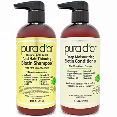 PURA D&#39;OR Anti-Thinning Biotin Shampoo &amp; Deep Moisturizing Conditioner Original Gold Label Set (16oz x2) Natural Earthy Scent, CLINICALLY TESTED Effective Results, DHT Blocker Thickening, Women &amp; Men