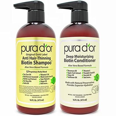 PURA D&#39;OR Anti-Thinning Biotin Shampoo &amp; Deep Moisturizing Conditioner Original Gold Label Set (16oz x2) Natural Earthy Scent, CLINICALLY TESTED Effective Results, DHT Blocker Thickening, Women &amp; Men