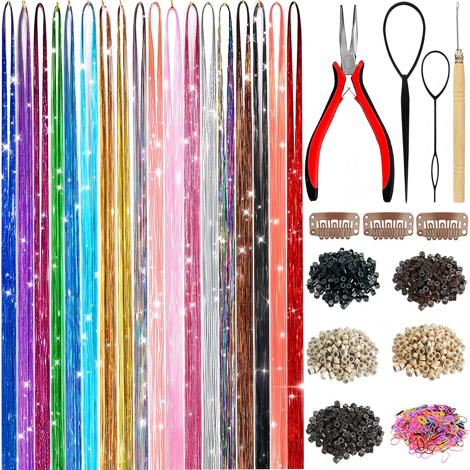 Hair Tinsel, 18 Colors Hair Tinsel Kit for Girls 7600 Strands Fairy Tinsel Hair Extensions Holographic Hair Tinsel Heat Resistant Colored Hair Glitter Christmas Party Festival (18 colors)