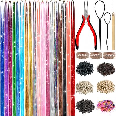 Hair Tinsel, 18 Colors Hair Tinsel Kit for Girls 7600 Strands Fairy Tinsel Hair Extensions Holographic Hair Tinsel Heat Resistant Colored Hair Glitter Christmas Party Festival (18 colors)