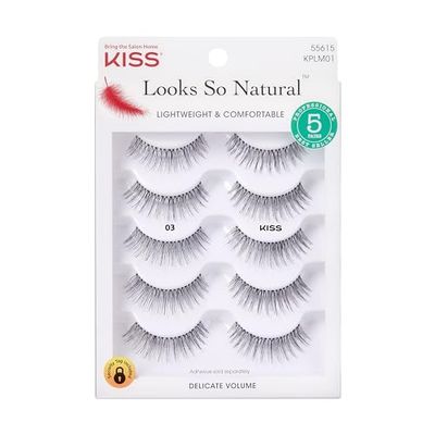 KISS Looks So Natural False Eyelashes Multipack #03, Lightweight &amp; Comfortable, Delicate Volume, Natural-Looking, Tapered End Technology, Reusable, Cruelty-Free, Contact Lens Friendly, 5 Pairs