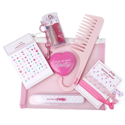 Petite N Pretty All in One Makeup Set for Kids, Tweens and Teens - Pink Mesh Bag with Lip Gloss Keychain, Hair Ties, Nail Decals, Headband, Heart Mirror, Nail File, Comb - Perfect Travel Kit &amp; Gift
