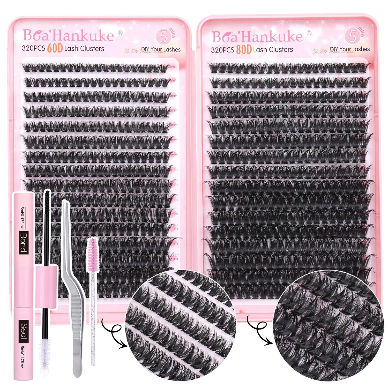 Boahankuke 640 PCS Lash Clusters Kit DIY Lash Extension Kit D Curl Volume Eyelash Extensions Individual Lashes Kit with Lash Bond and Seal, Tweezers (60D 8-16mm, 80D 10-18mm)