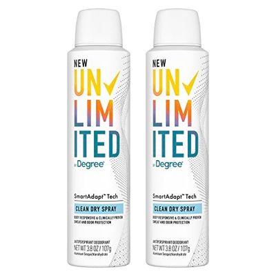 Degree Unlimited Antiperspirant Deodorant Dry Spray Clean 2 Count Long-Lasting Sweat &amp; Odor Protection with Antiperspirant Technology SmartAdapt Tech 3.8 oz