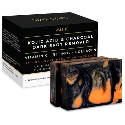 VALITIC Charcoal Kojic Acid Turmeric Black Soap Bar Dark Spot Remover for Body or Face Wash - 2 Pack