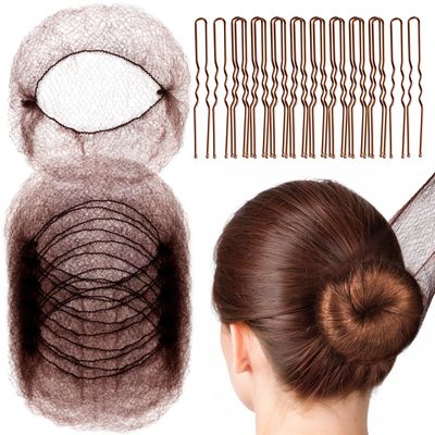 Fandamei Hair Accessories Set 20PCS Mesh Hair Nets Invisible and 40PCS U Shaped Hair Pins for Women, Girls, Ballet Bun Maker &amp; Dance (Hair Nets- 20 inch(50cm), Hair Pins- 2.4 inch(6cm)), Brown