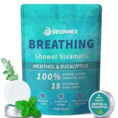 SEONNIX Shower Steamers Aromatherapy 15 Pack, Menthol &amp; Eucalyptus Shower Bombs with Natural Essential Oils, Quick Relief Nasal Congestion, Relaxation &amp; Self Care Gifts for Women &amp; Men