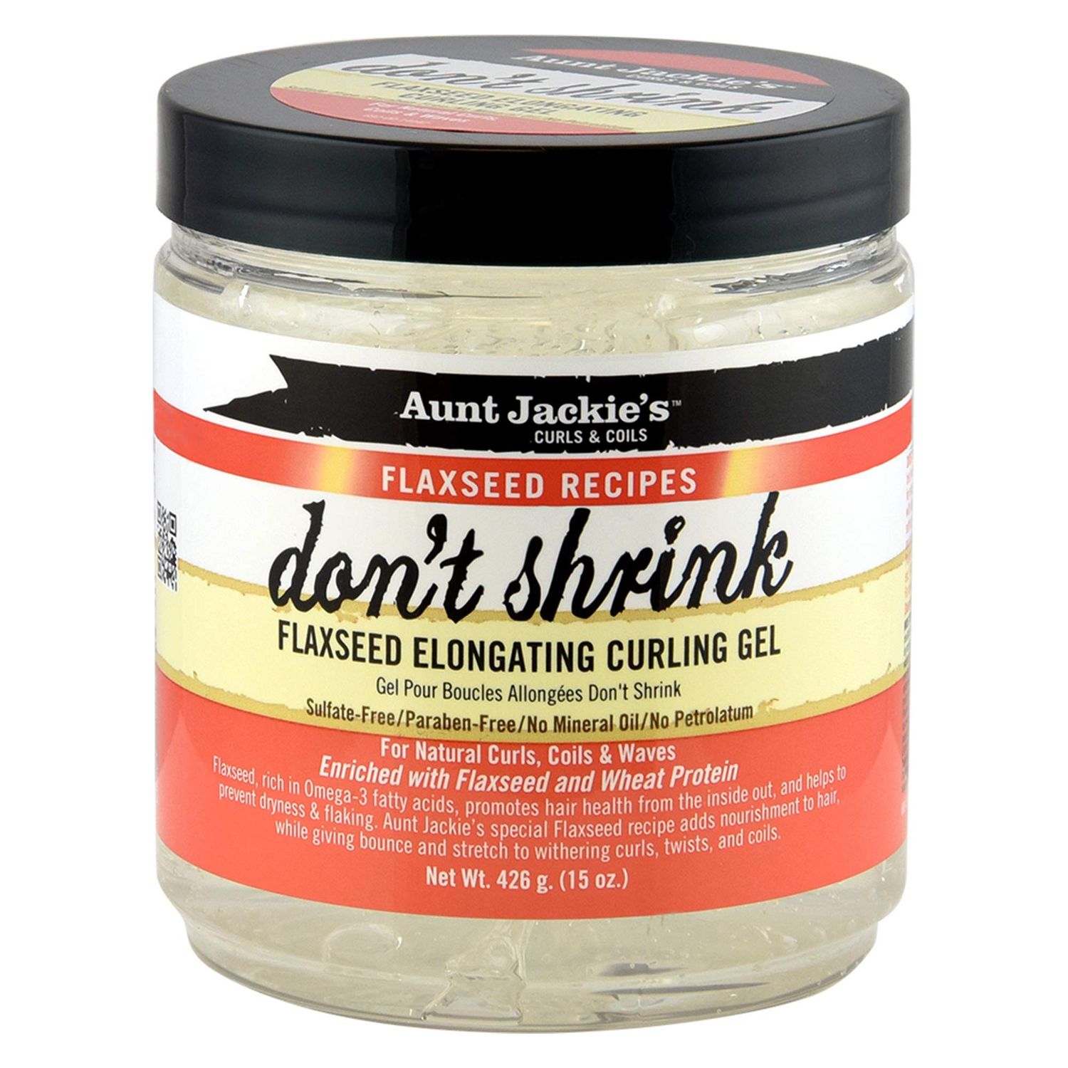 Aunt Jackie&#39;s Flaxseed Recipes Don&#39;t Shrink Elongating Hair Curling Gel for Natural Curls, Coils and Waves, Helps Prevent Dryness and Flaking, 15 oz