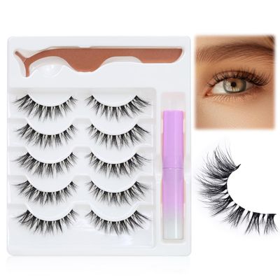 Obeyalash 5 Pairs Cat Eye False Eyelashes Natural Look with Lash Glue &amp; Applicator Kit 3D Wispy Short Pestaas Postizas Naturales Strip Lashes with Clear Band Fake lashes Pack