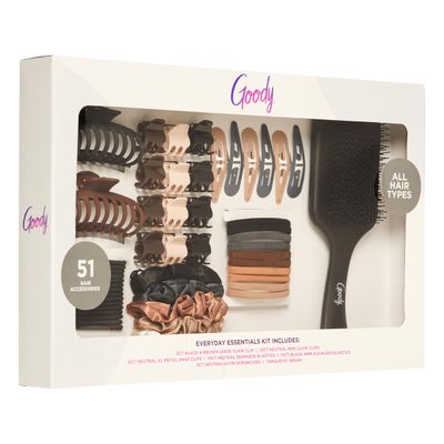 Goody Hair Accessories Kit, Everyday Essentials for Women - Ouchless Damage-free Hair Ties, SlideProof Claw Clips, Snap Clips, Scrunchies, Tanglefix Hair Brush, 51 PC Neutral Color Set, All Hair Types