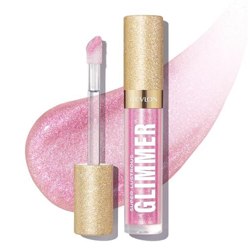 REVLON Super Lustrous Glimmer Gloss, Non-Sticky Lip Gloss, High-Shine Finish, Plant-Based Glitter, 002 Pink Prisma, 0.13 fl oz