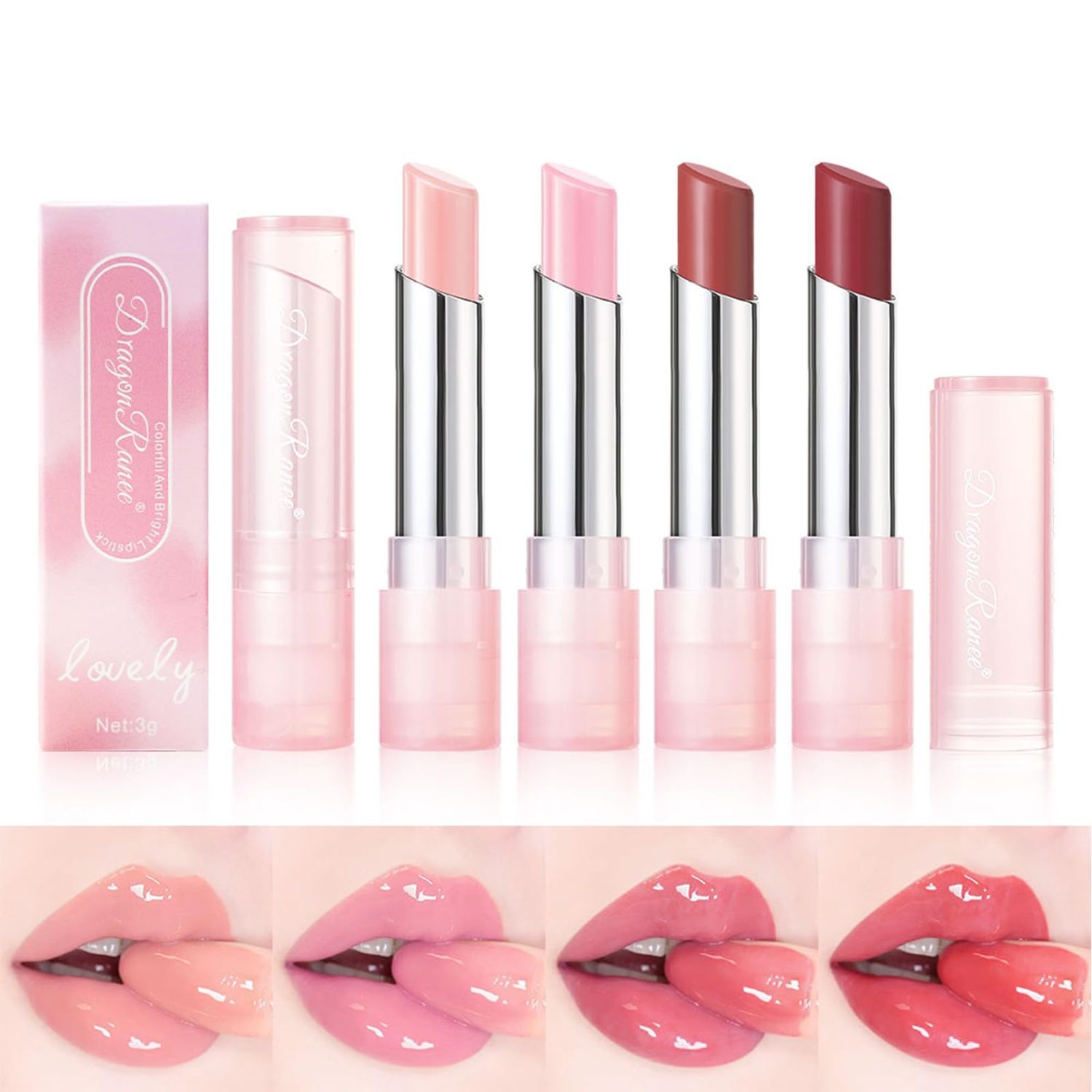 Riroenst 4Pcs Crystal Jelly Lipstick,Lips Moisturizer, Nutritious Lip Balm, Magic Color Changing, Long Lasting PH Clear Temperature Lip Gloss Lip Tint