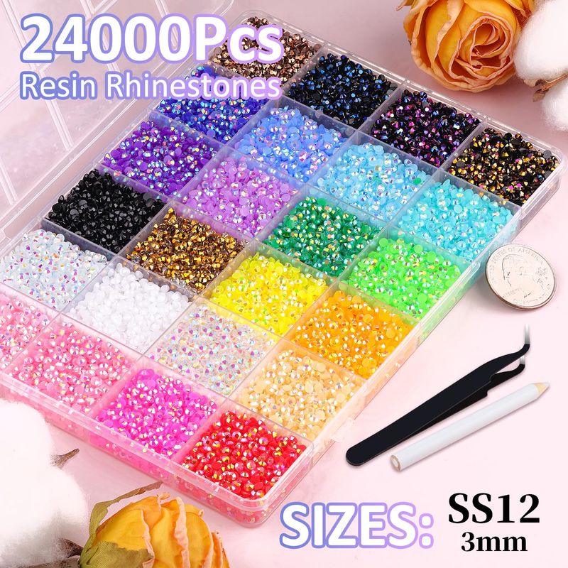24000Pcs Resin Jelly Rhinestones with Tweezers for Crafting, Mixed-Color 3mm Non Hotfix Flatback Gems, Bedazzling Crystal for DIY Crafts Clothing Tumblers Mugs Shoes Fabric Decor Nail Art Makeup