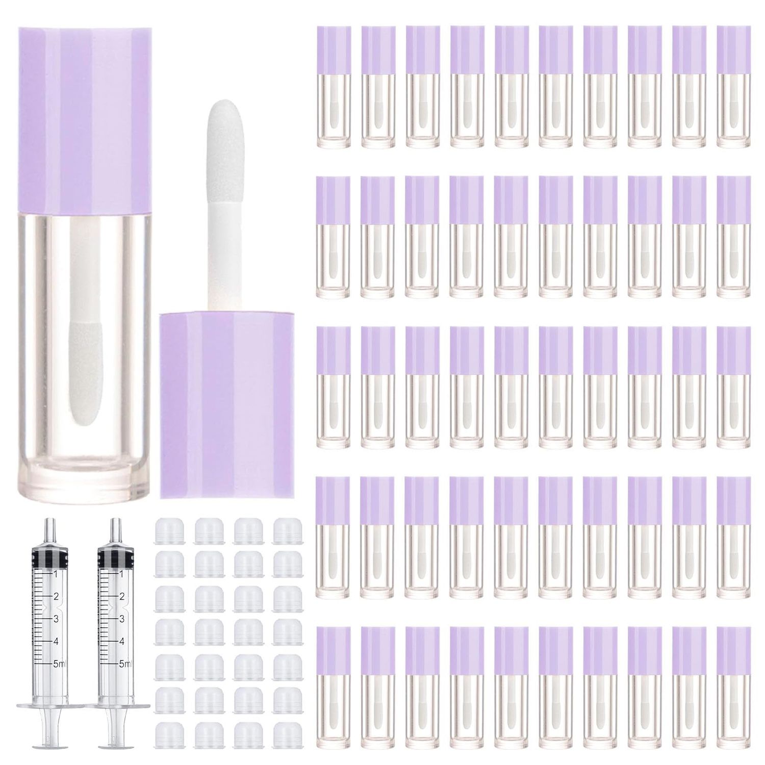 50pcs 2.5ml Empty Lip Gloss Containers Lip Gloss Tubes with Wand Cute 0.08oz Clear Refillable Lipgloss Making Supplies Kit for DIY Makeup  2pcs Syringes (Purple)
