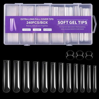 Cycullinyt 240Pcs Square Nail Tips, Long Square Press On Soft Gel x Nails, 12 Sizes Full Cover Acrylic False Nail Tips, for Beginner and Home Salon Diy