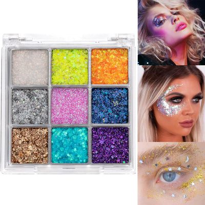 Glitter Eyeshadow Palette Makeup 9 Colors Body Glitter Glue Gel Palette Colorful Shimmer Sparkle Eyeshadow Long Lasting Highly Pigmented Waterproof Professional Eyeshadow Rainbow Face Paint, 01