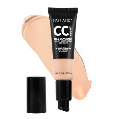 Palladio Full-Coverage Color Correction CC Cream, Oil-Free with Peptides &amp; Vitamin C, Best for Correcting Redness and Uneven Skin Tone, Buildable Foundation Coverage (Fair 12W)